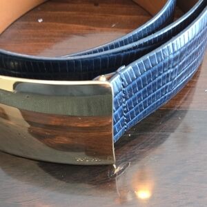 Ralph Lauren Navy Crocodile-Embossed Belt with Gold Buckle